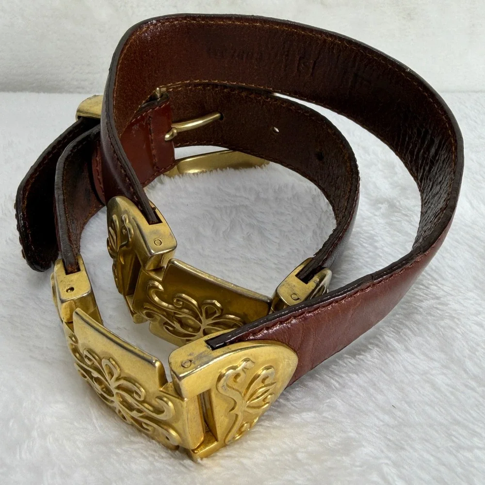 VTG Fossil Womens‎ S Brown Leather Western Concho Belt Gold Tone Filigree Buckle